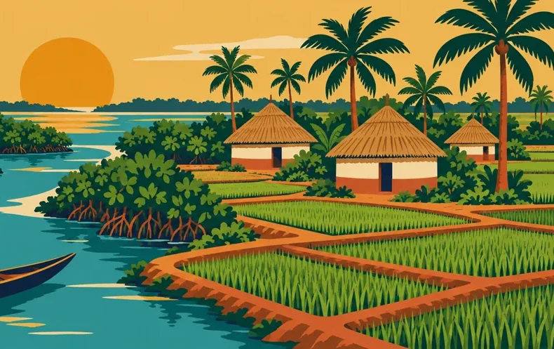 Kasuumay illustration of homes, rice fields and palms beside a river